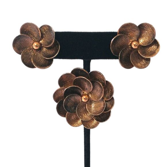 Demi Parure Earrings Brooch Set Vtg Copper Floral 50s 60s Daisy Estate MCM Retro - Picture 11 of 16